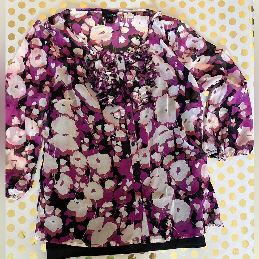 East 5th Pink Ruffled 3/4 Sleeve Bib Collar Blouse